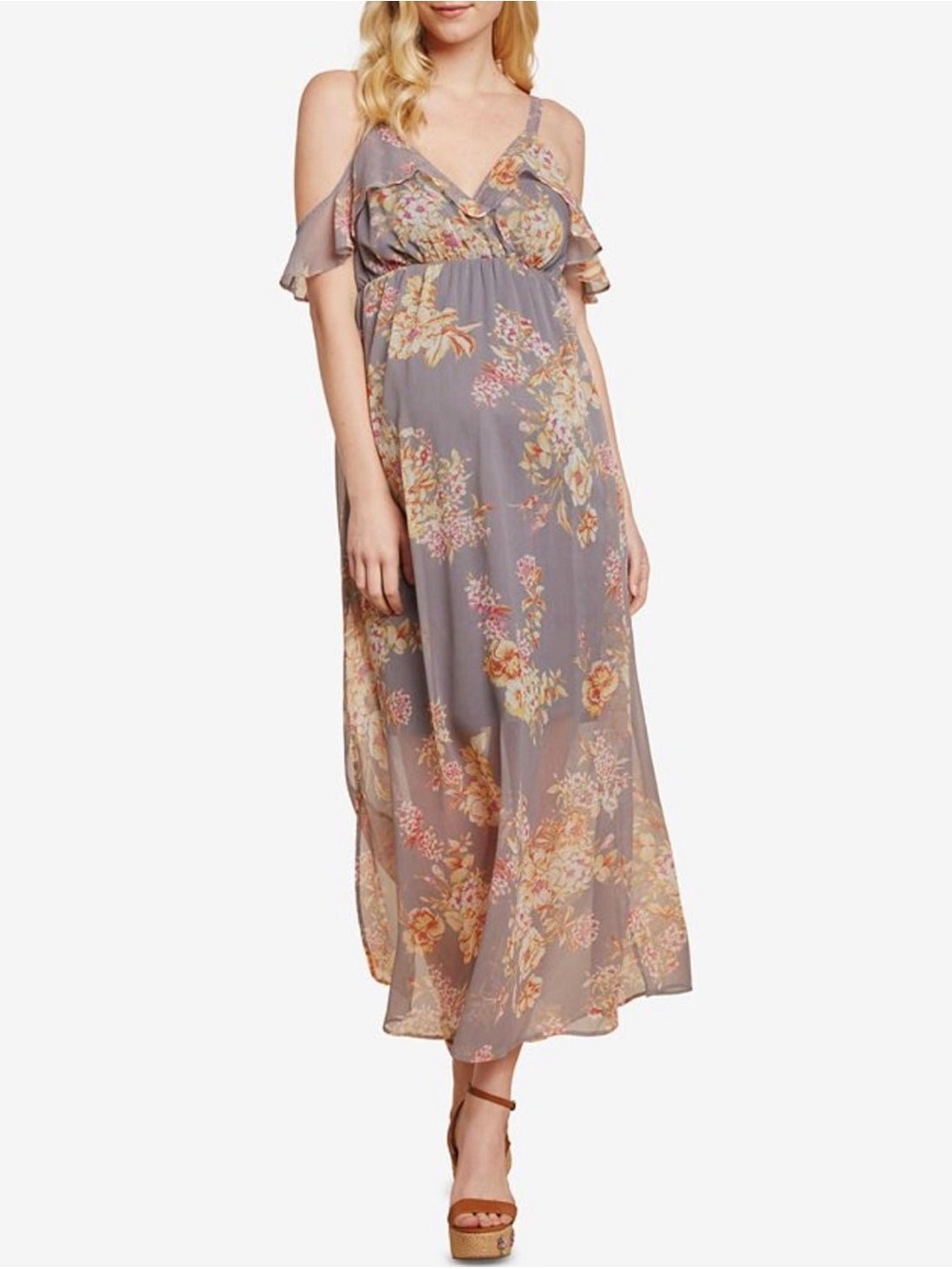 Jessica Simpson Maternity Floral Cold-Shoulder Maxi Dress in Dusty Lavender